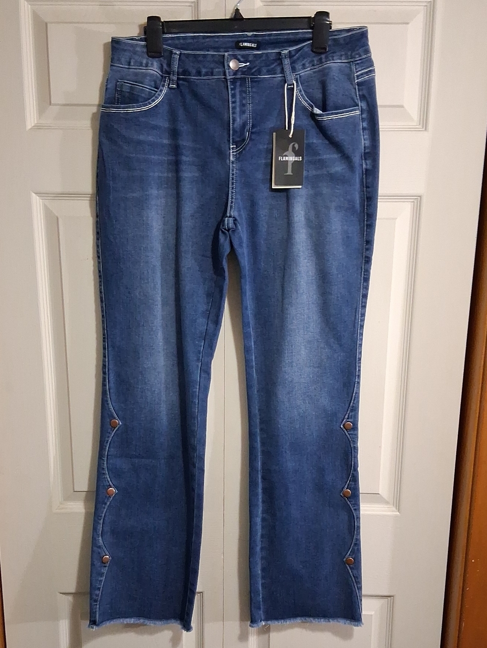 Flamingals 5 Pocket Wide Leg Jeans - Scallop Side Detail Rivets - XL - Blue